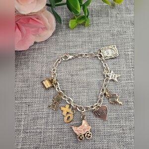 Cute Baby Themed 8 Charms Bracelet Girl Baby Shower Silver‎ Tone